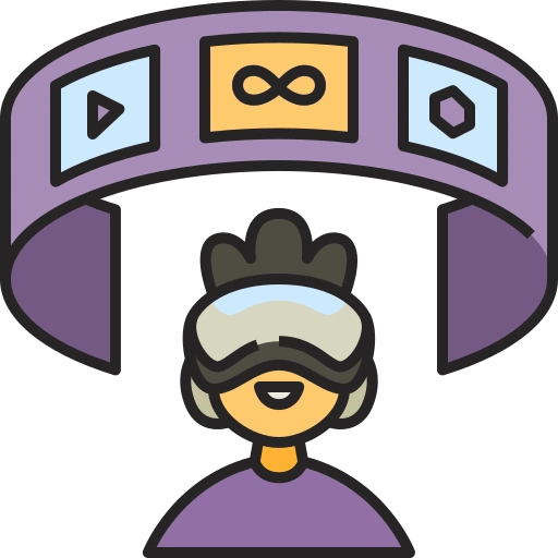 virtual-and-augmented-reality-icon virtual and augmented reality icon; illustration of male character wearing a headset to view screens through
