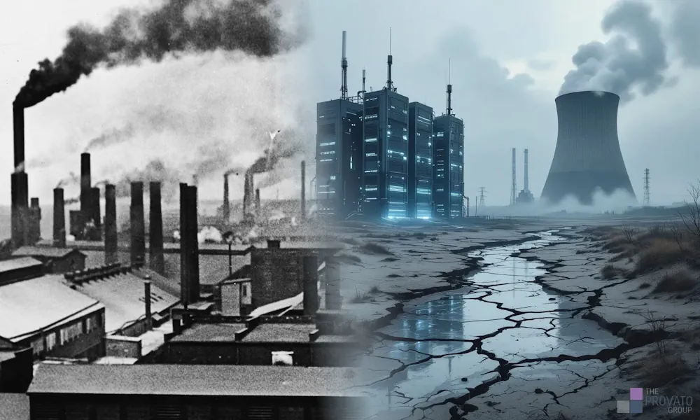 ai-sustainability-revolution-goals The image is a digitally composed scene split between two eras of industrial impact on the environment. On the left, in black and white, is a historical depiction of the industrial revolution: numerous smokestacks from factories release thick black smoke into the sky, symbolizing early industrial pollution. On the right, in color, is a futuristic and dystopian vision: a barren, cracked wasteland with industrial buildings and a massive cooling tower emitting steam, evoking modern environmental degradation and climate change. The cracked earth in the foreground suggests drought and ecological collapse. The juxtaposition highlights the continuity of environmental harm from past to present, linking industrial growth with ongoing sustainability challenges. In the bottom right corner, the logo of "The Provato Group" is visible.