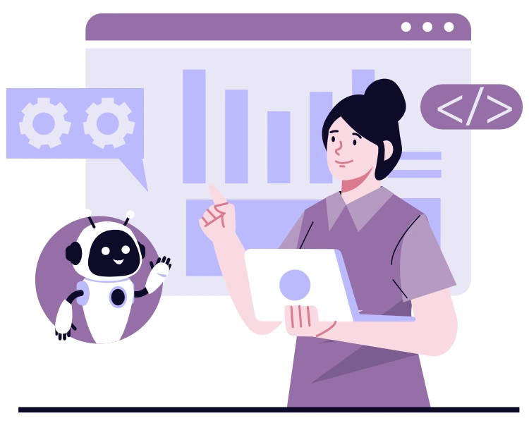 Illustration of AI in front of bar chart