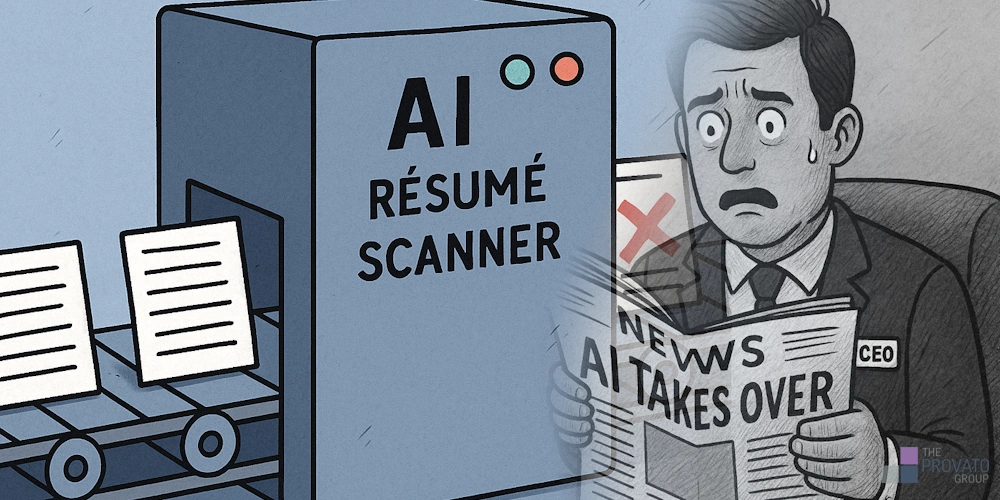 The image is a digital illustration highlighting concerns about the responsible use of artificial intelligence in hiring and employment. On the left, an AI résumé scanner processes sheets of paper that resemble job applications, suggesting automation in candidate evaluation. On the right, a man wearing a suit labeled “CEO” looks anxious and is sweating as he reads a newspaper with the headline “AI TAKES OVER.” The contrasting scenes emphasize how AI-driven systems can create both efficiency and unease, underscoring the need for thoughtful, ethical implementation of AI in decision-making processes to ensure fairness, transparency, and accountability in the workplace.