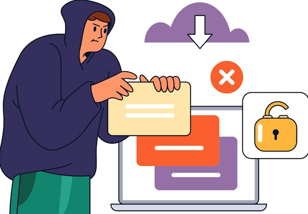 A stylized illustration about AI security and data poisoning: a hooded figure leans toward an open laptop, slipping in a beige “data card” while orange and purple blocks on the screen suggest training samples. Above the computer sits a purple cloud with a download arrow, hinting at cloud-sourced datasets. A bold red “X” icon and a yellow unlocked padlock float nearby, signaling warnings and weakened protections. The character’s furtive posture and the visual symbols convey the risk of adversaries injecting corrupted data into AI pipelines.