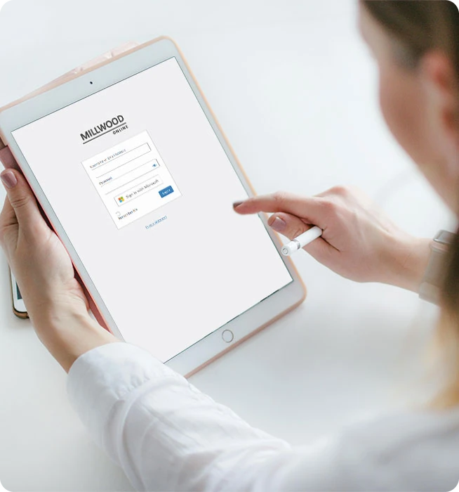Millwood’s re-platformed intranet login screen on a tablet